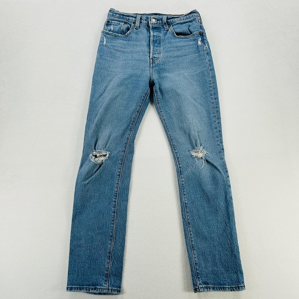 Levi's 501 Jeans Womens W26 L30 Blue Light Wash High Rise Straight Distressed